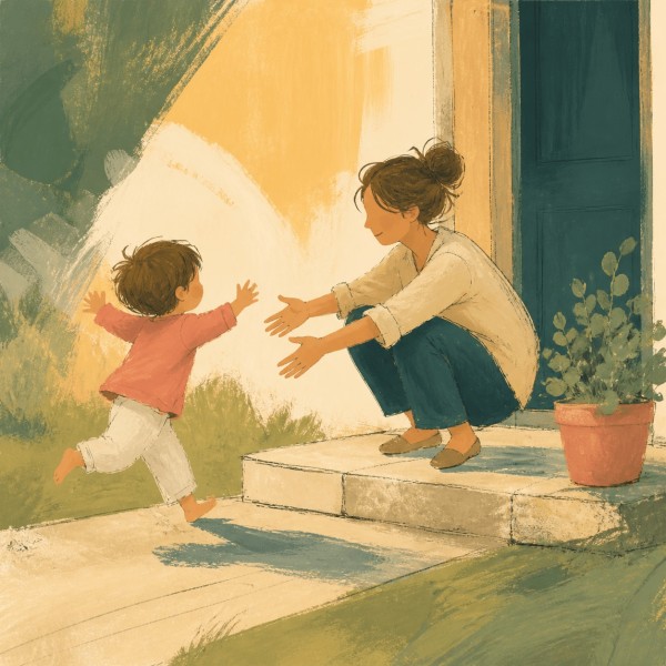 A child runs into the open arms of a crouching mother outside a warmly lit home.