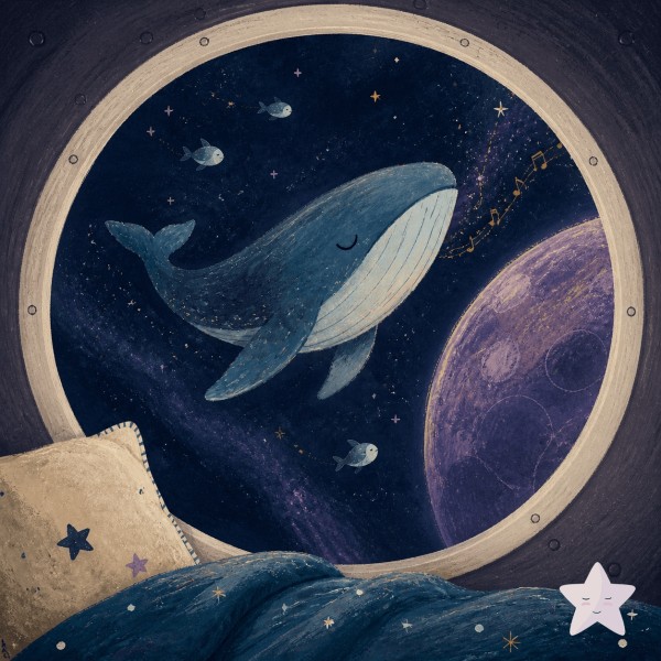 A friendly space whale floats beyond a child’s capsule window beside a violet planet and tiny moonfish, while a pillow and blanket suggest a bedtime voyage.