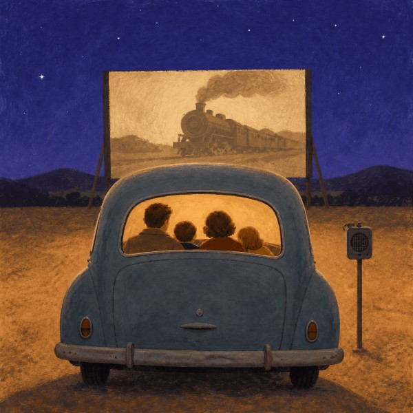 A family sits inside an old blue car at a drive-in theatre, watching a steam train on the outdoor screen.