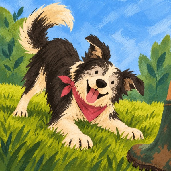 A black-and-white collie wearing a red bandana bows playfully in the grass beside a muddy gumboot.
