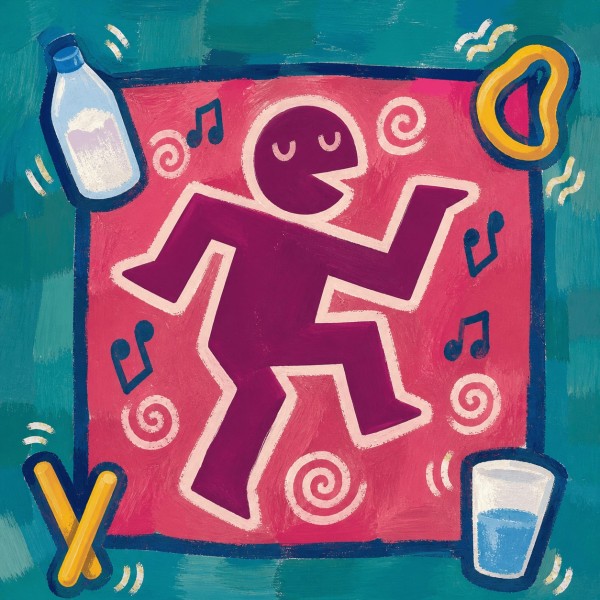 A purple figure dances among a rubber band, bottle, rhythm sticks, glass of water and musical notes.