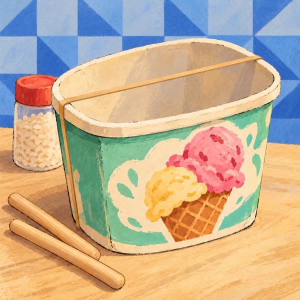 An ice-cream tub with a tan rubber band stretched across its opening, beside a rice shaker and two wooden sticks against blue patchwork wallpaper.