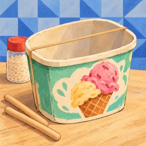 An ice-cream tub with a tan rubber band stretched across its opening, beside a rice shaker and two wooden sticks against blue patchwork wallpaper.