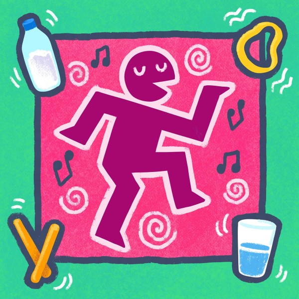 A groovy person dances to the sound of their homemade musical instruments