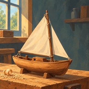 A hand-carved wooden sailboat with a cream sail rests on a sunlit workshop bench.
