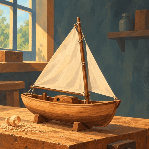 A hand-carved wooden sailboat with a cream sail rests on a sunlit workshop bench.
