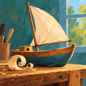 A handmade wooden sailing boat with a cream sail rests on a woodworker's bench beside curled wood shavings.