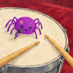 Tina, a purple spider with a pink forehead star, holds a microphone on a cream drumhead beside two drumsticks against a burgundy-red background.