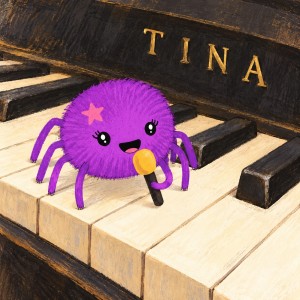 Tina, a purple spider with a pink forehead star, holds a yellow microphone on piano keys beneath gold TINA lettering.