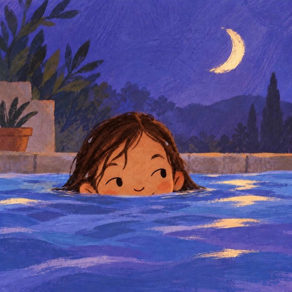 A brown-haired girl peeks cheekily above blue-purple pool water beneath a crescent moon.