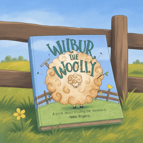 The Wilbur the Woolly book resting in grass beside a painted farm fence.
