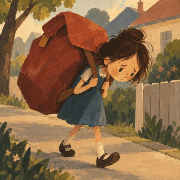 A weary girl leans forward beneath an oversized red knapsack as she walks along a neighbourhood footpath.