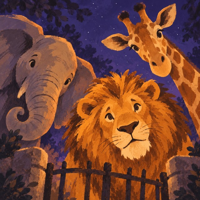 A friendly lion, elephant and giraffe welcome the viewer beneath a dark blue night sky.