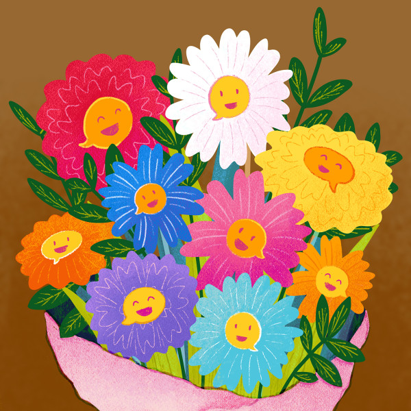A bouquet of flowers with tiny smiley faces in the centre.