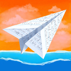 A paper airplane made from a hand written letter flys over land and sea