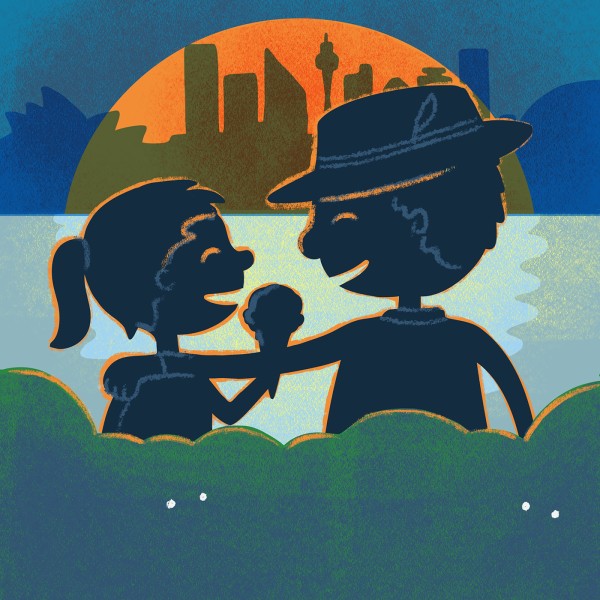 A girl and her grandad eat an ice cream while enjoying harbour views
