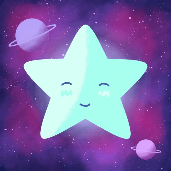 A glowing star smiling against a backdrop of stars and planets