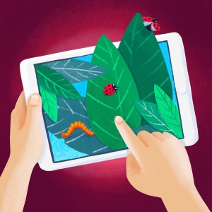 A tablet computer with leaves and bugs coming out of it