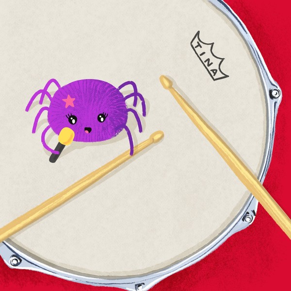 A cute purple spider holding a microphone standing on a drum