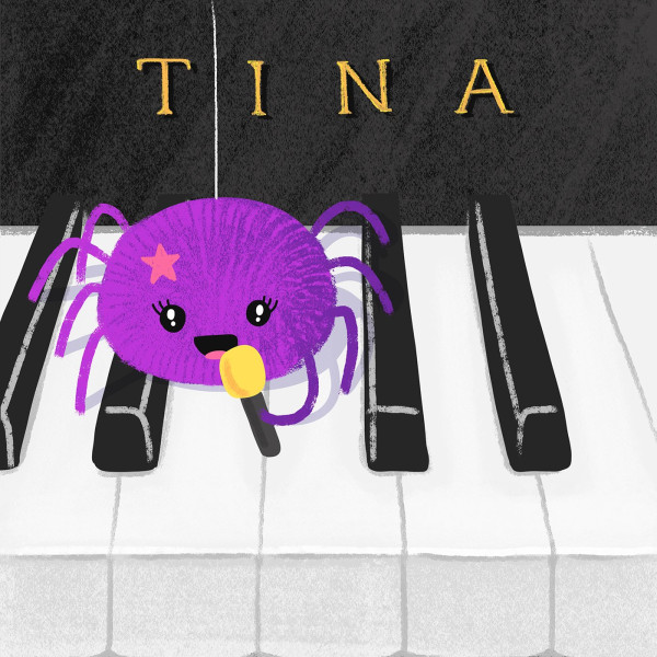 A cute purple spider stands on a piano with a microphone