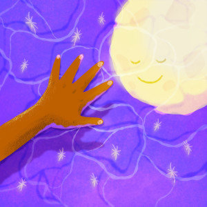 A hand reaching towards the moon reflected in a pool of water