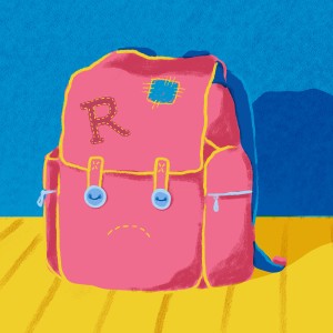An unhappy looking knapsack sits on the ground