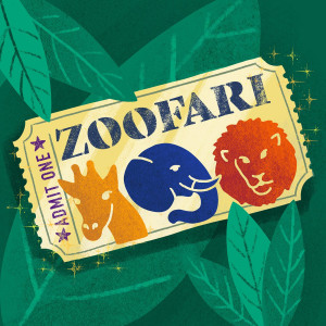 A golden ticket with an illustrated giraffe, elephant, and lion. Admit One, Zoofari
